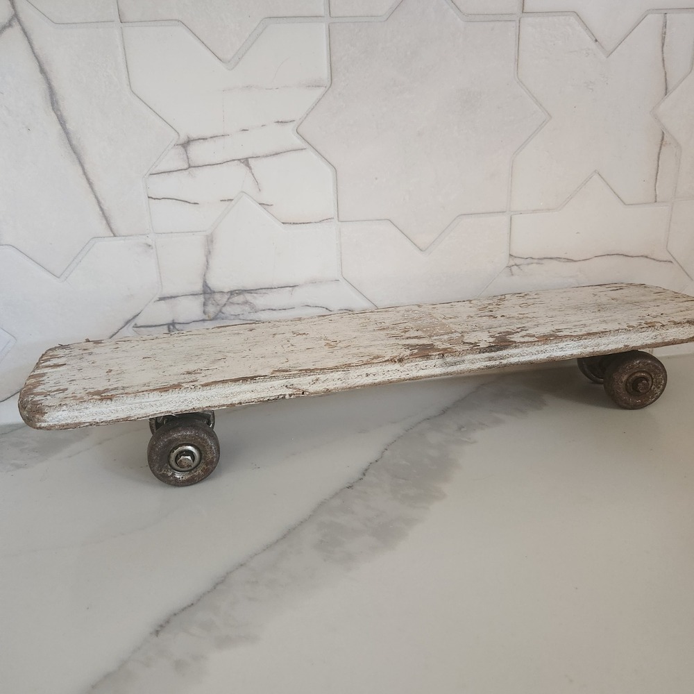 Vintage Primitive 30s Wooden Skateboard Chippy White Paint Folk Art Decor